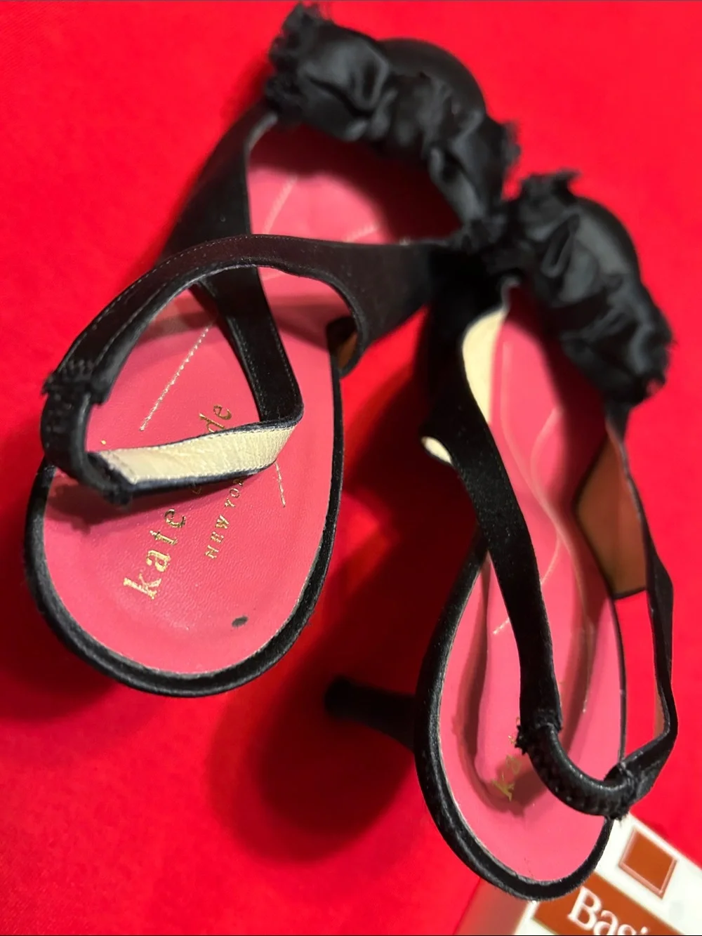 kate spade Black Satin Slingback Heels with Pink Insole and Bow